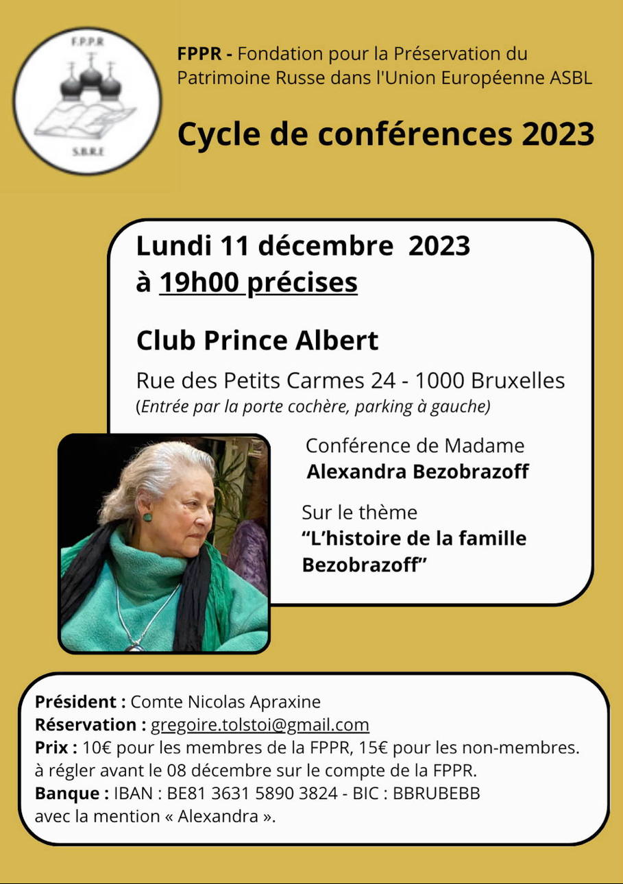 Affiche Conférence FPPR. Histoire de la famille Bezobrazoff, par Alexandra Bezobrazoff. 2023-12-11